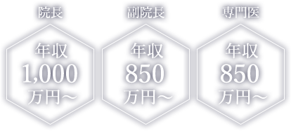 院長 年収1,000万円～ 副院長 年収850万円～ 専門医 年収850万円～