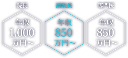 院長 年収1,000万円～ 副院長 年収850万円～ 専門医 年収850万円～